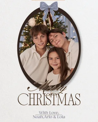 Design one: a family portrait in an oval frame with a ribbon, Merry Christmas