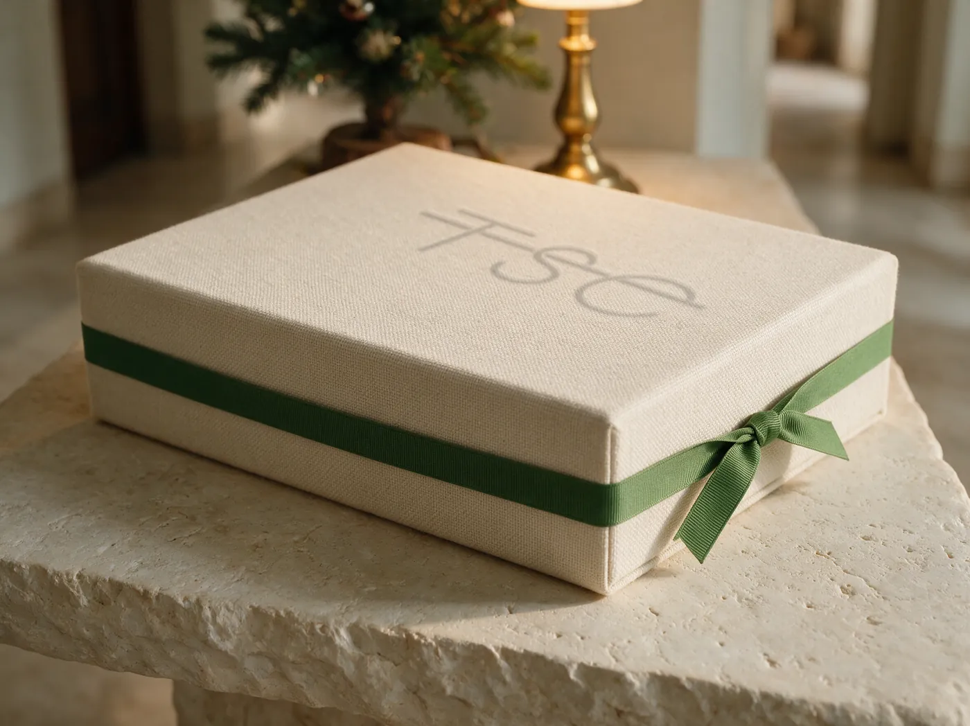 A bone book-cloth box with the TSC monogram blind-debossed on the lid