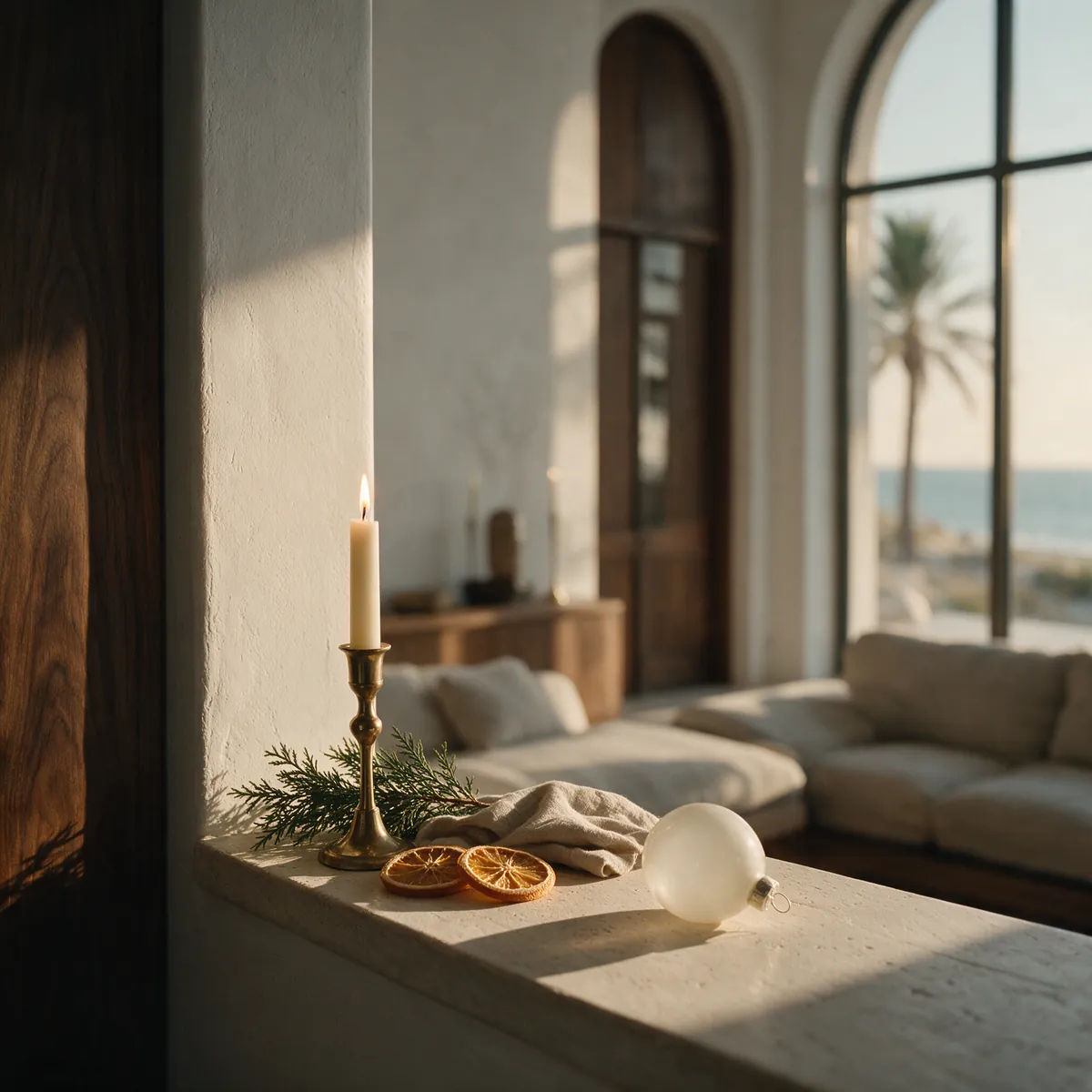 A brass candlestick, a cedar sprig and dried orange slices on a limestone ledge
