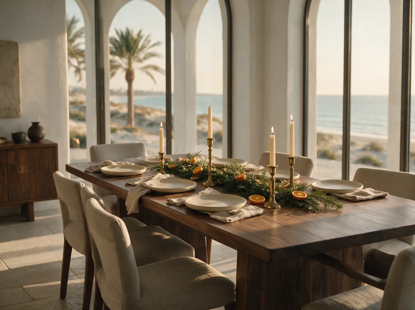 A long table laid with linen, brass candlesticks and a running cedar centrepiece