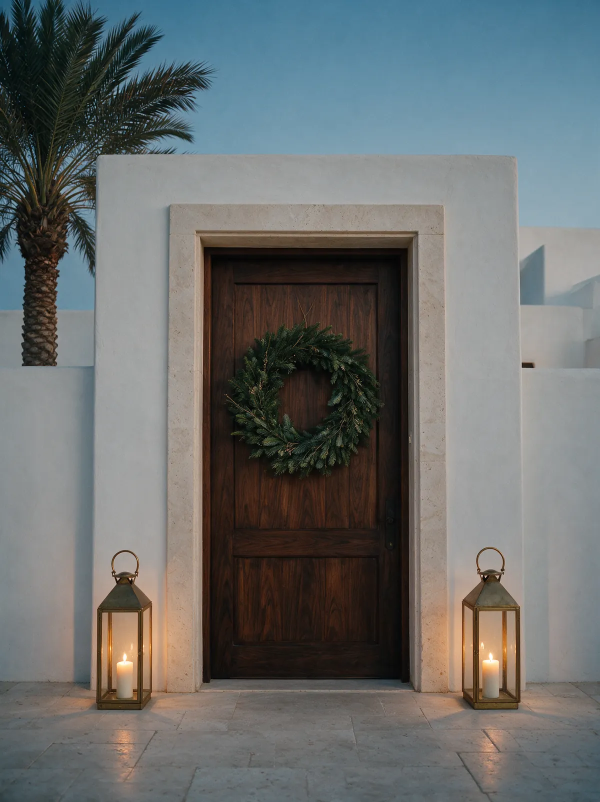 A dark timber door at dusk with a plain fir wreath and two floor lanterns