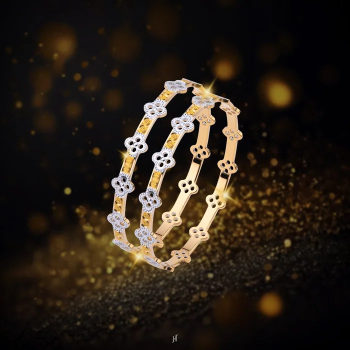 Three gold bangles set with small white flower motifs against a dark sparkling background