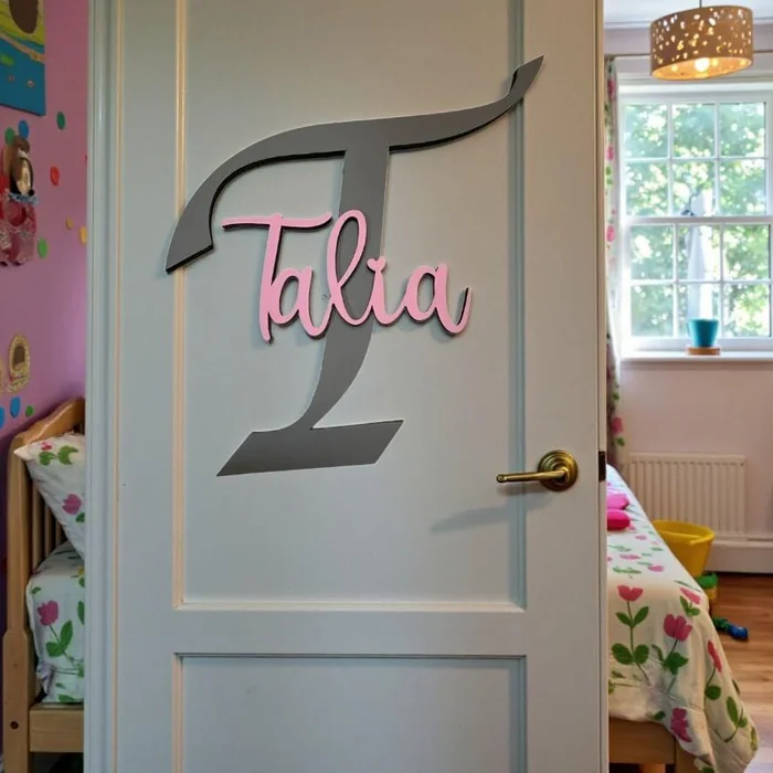 A large wooden letter T with a pink name across it, fixed to a child's bedroom door