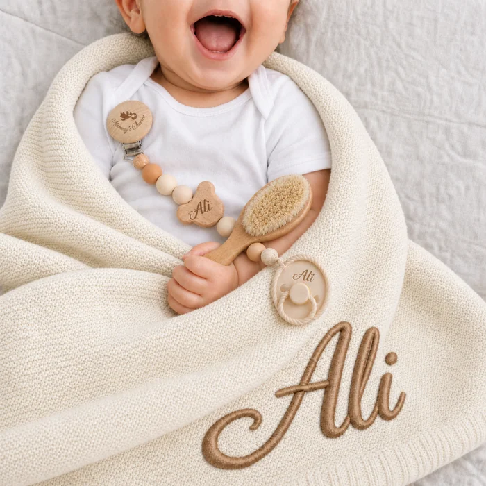 A laughing baby wrapped in a cream blanket embroidered with the name Ali, holding a wooden rattle and dummy clip