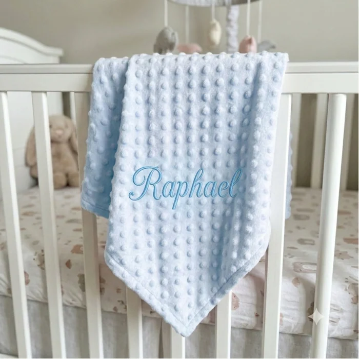 A pale blue textured baby blanket embroidered with the name Raphael, hanging over a cot