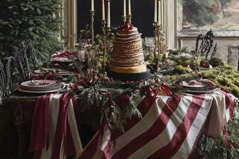 A long Christmas table under striped red cloths, laid with greenery, candles and a tall cake beneath a hanging garland