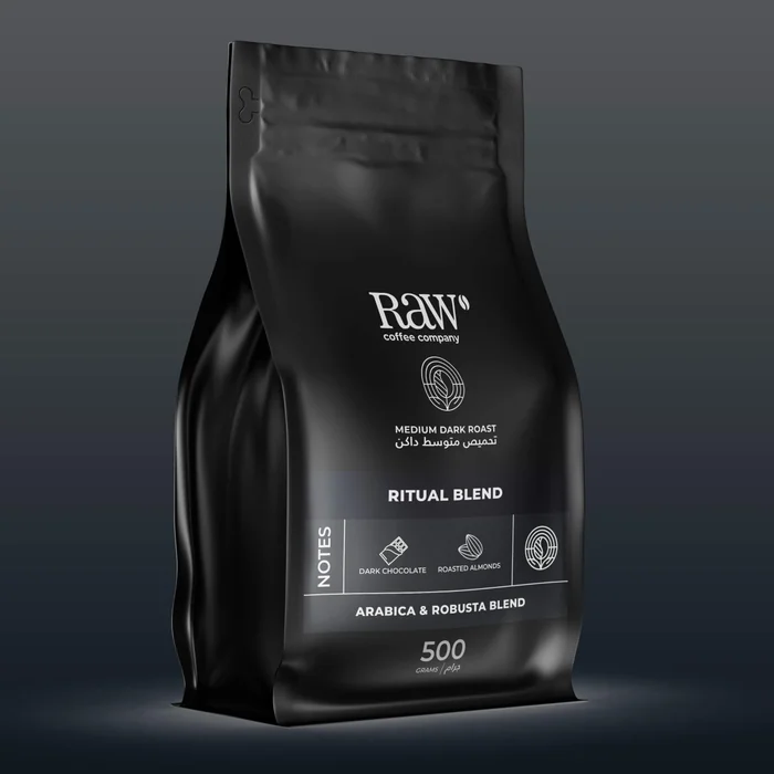 A black bag of RAW Coffee Company Ritual Blend coffee beans
