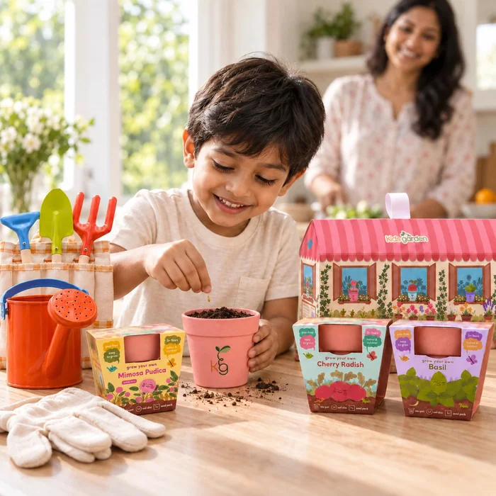 A boy filling a flower pot with soil at a kitchen table, gardening kits and gloves beside him