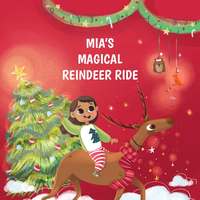 The cover of a personalised Christmas book showing a girl riding a reindeer past a decorated tree
