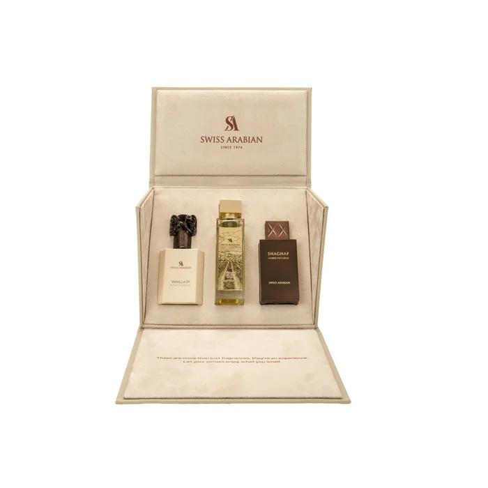 The Swiss Arabian Collector's Edition: three perfume bottles standing in an open cream presentation box