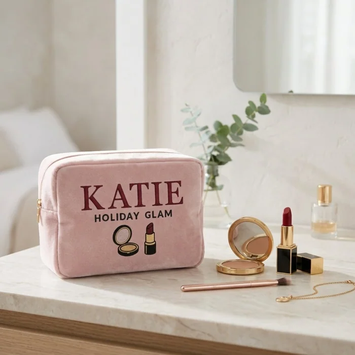 A pink velvet make-up pouch embroidered with the name Katie and the words Holiday Glam, beside lipstick and powder