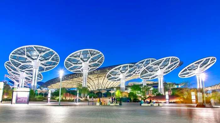The solar trees of Expo City Dubai lit up against a deep blue evening sky