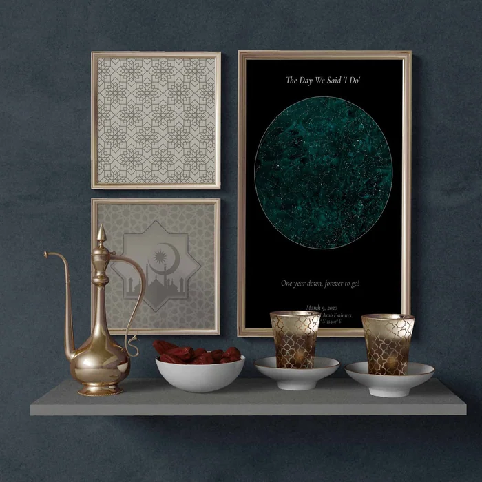 A framed star map on a shelf with a brass coffee pot, small glasses and a bowl of dates