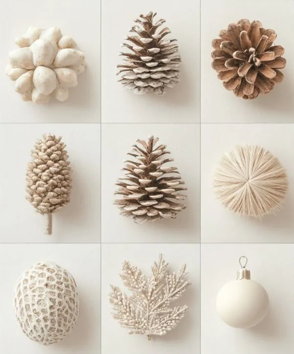 A grid of natural ornaments: pine cones, wooden beads, dried flowers and white baubles