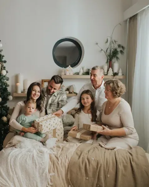 Grandparents, parents and three children opening presents together on a bed beside a tall decorated Christmas tree