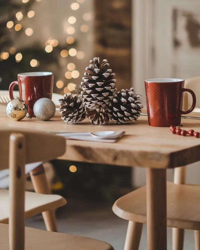 Two red mugs and a pine cone on a small wooden table, Christmas lights glowing behind