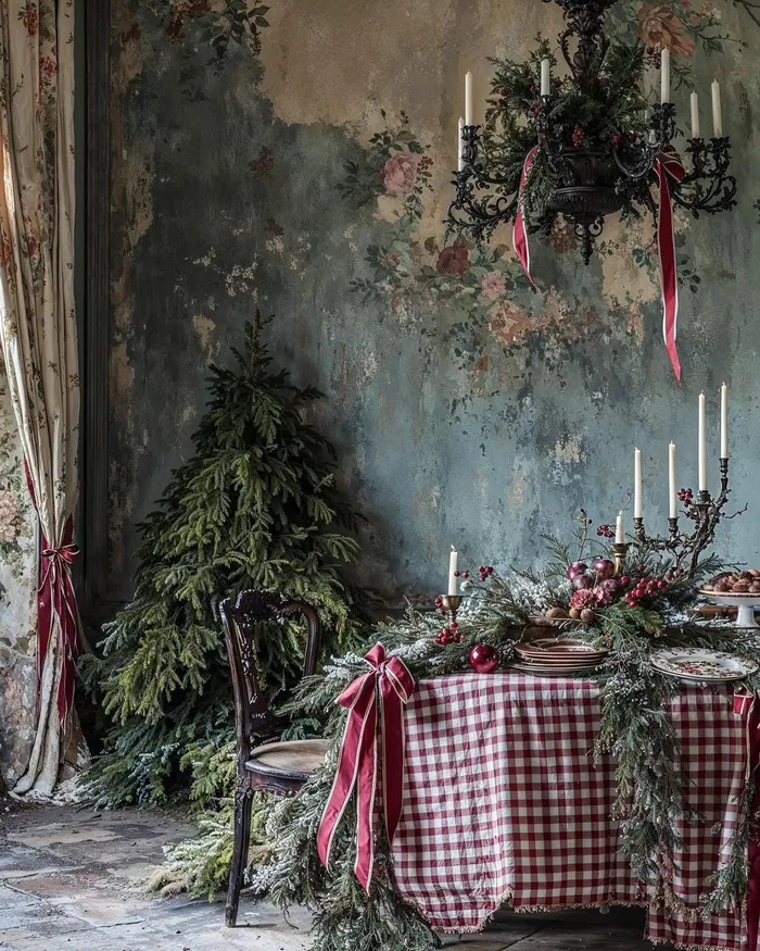 A Christmas table under a red and white check cloth, crowded with greenery, candles and a cake