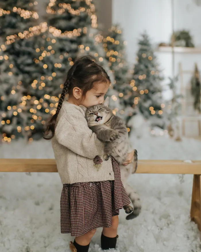 A small girl with plaits kissing the grey tabby cat she is holding, snow and lit trees behind her