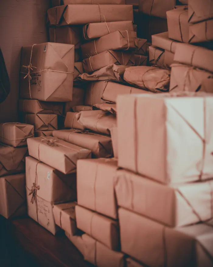 A great pile of parcels wrapped in brown paper and string