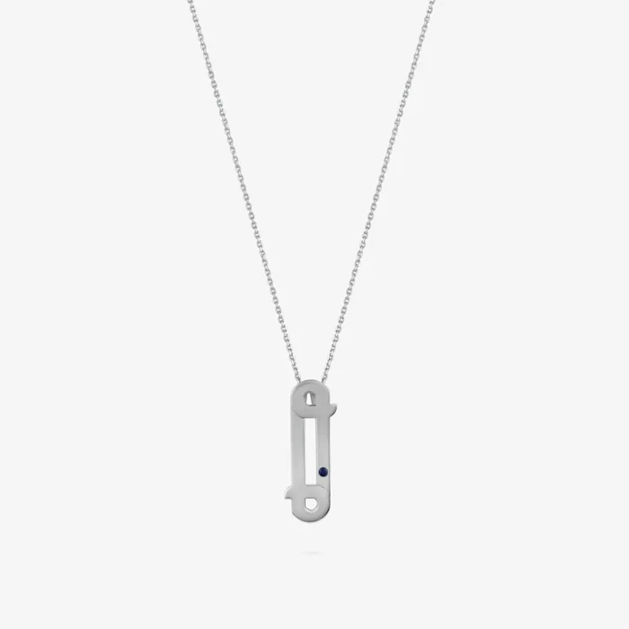 A silver necklace with a vertical pendant shaped as an Arabic name