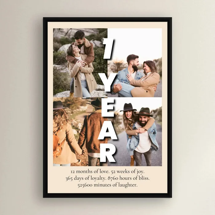 A framed anniversary photo collage with four couple photographs beside the words 1 Year