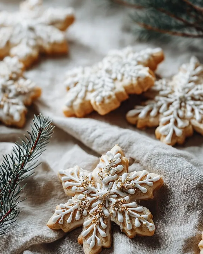 Gingerbread snowflakes iced in white, scattered on linen beside pine sprigs