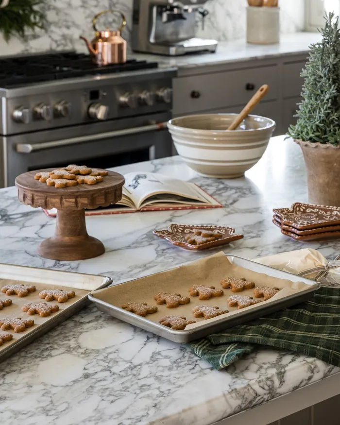 Trays of gingerbread biscuits cooling on a marble kitchen counter beside a cake stand and an open recipe book