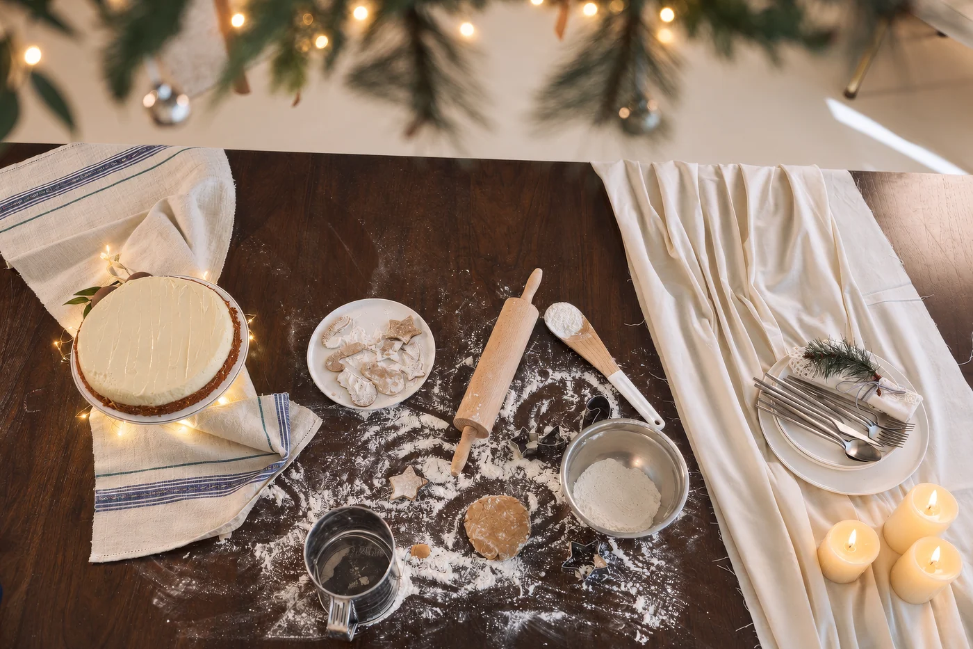A kitchen table from above with a cake, flour, a rolling pin, biscuit cutters and lit candles