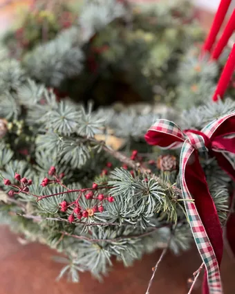 A red and green tartan ribbon tied on a winter wreath with red berries