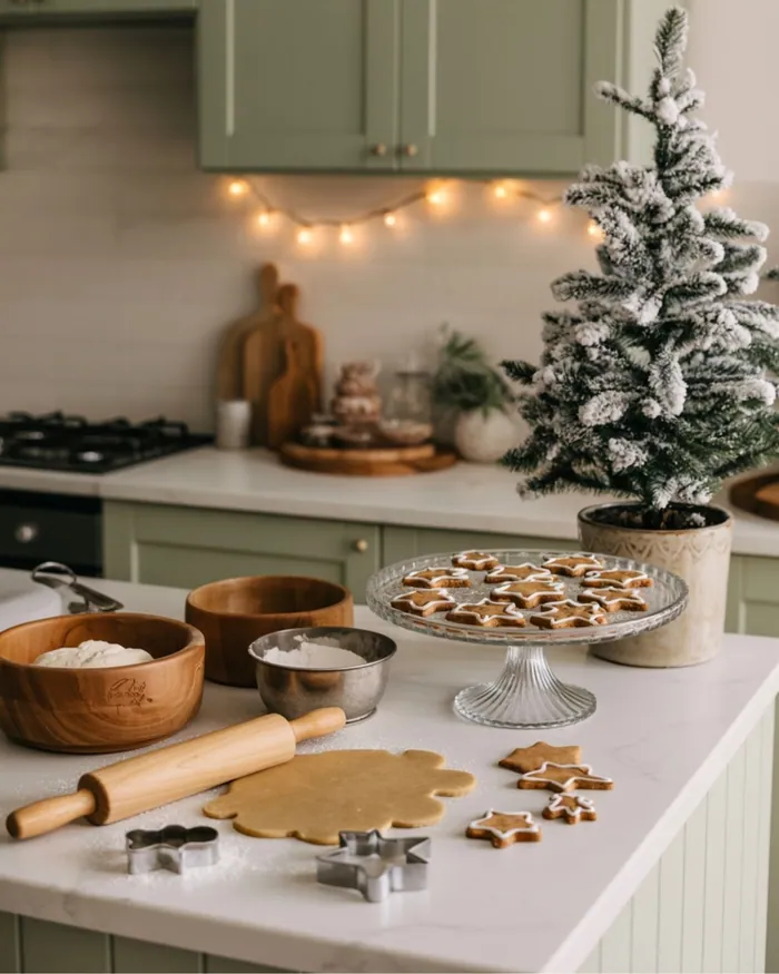 Rolled dough, star cutters and a stand of iced biscuits on a kitchen counter beside a small frosted tree