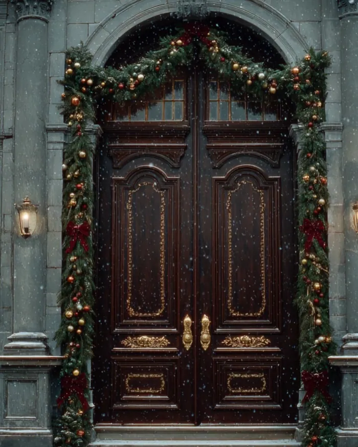 Tall wooden double doors framed by a thick fir garland with red berries and lanterns