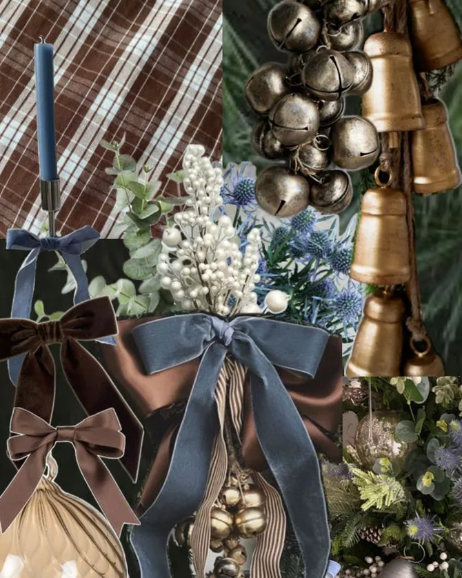 A fir wreath tied with blue velvet bows and hung with bells and glass ornaments