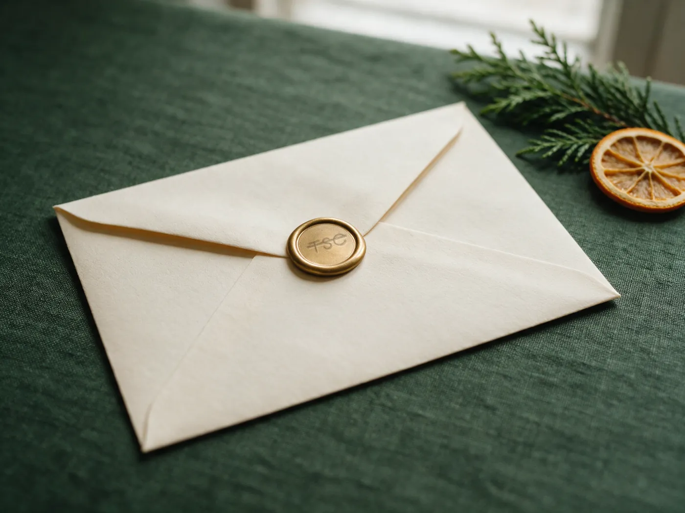 A bone envelope closed with a brass wax seal stamped with the TSC monogram