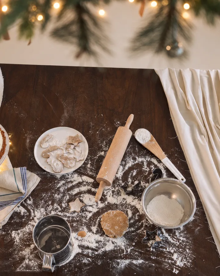 A rolling pin, a sieve and star biscuits on the floury kitchen table, seen from above