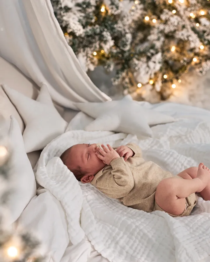A newborn asleep in white knitted blankets under the snowy trees