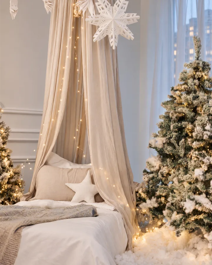Christmas Morning: a canopy bed between two snowy trees, paper stars above