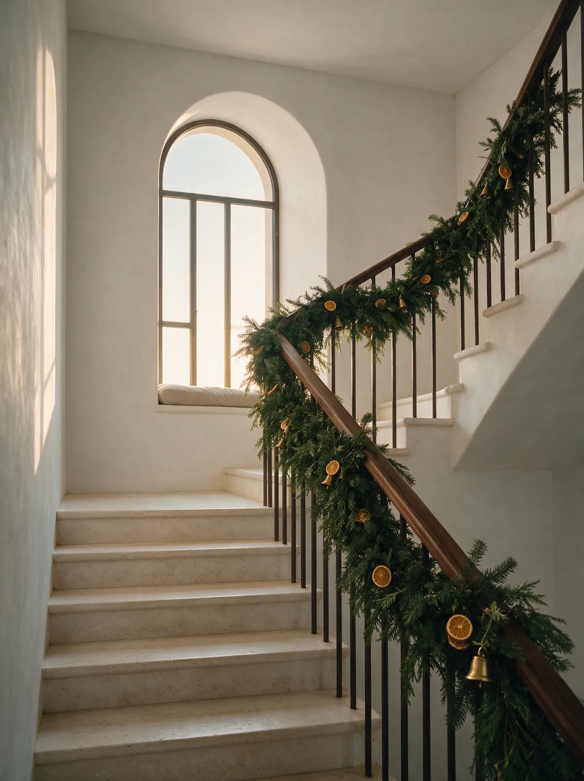 A thick cedar and fir garland running the length of a dark timber handrail