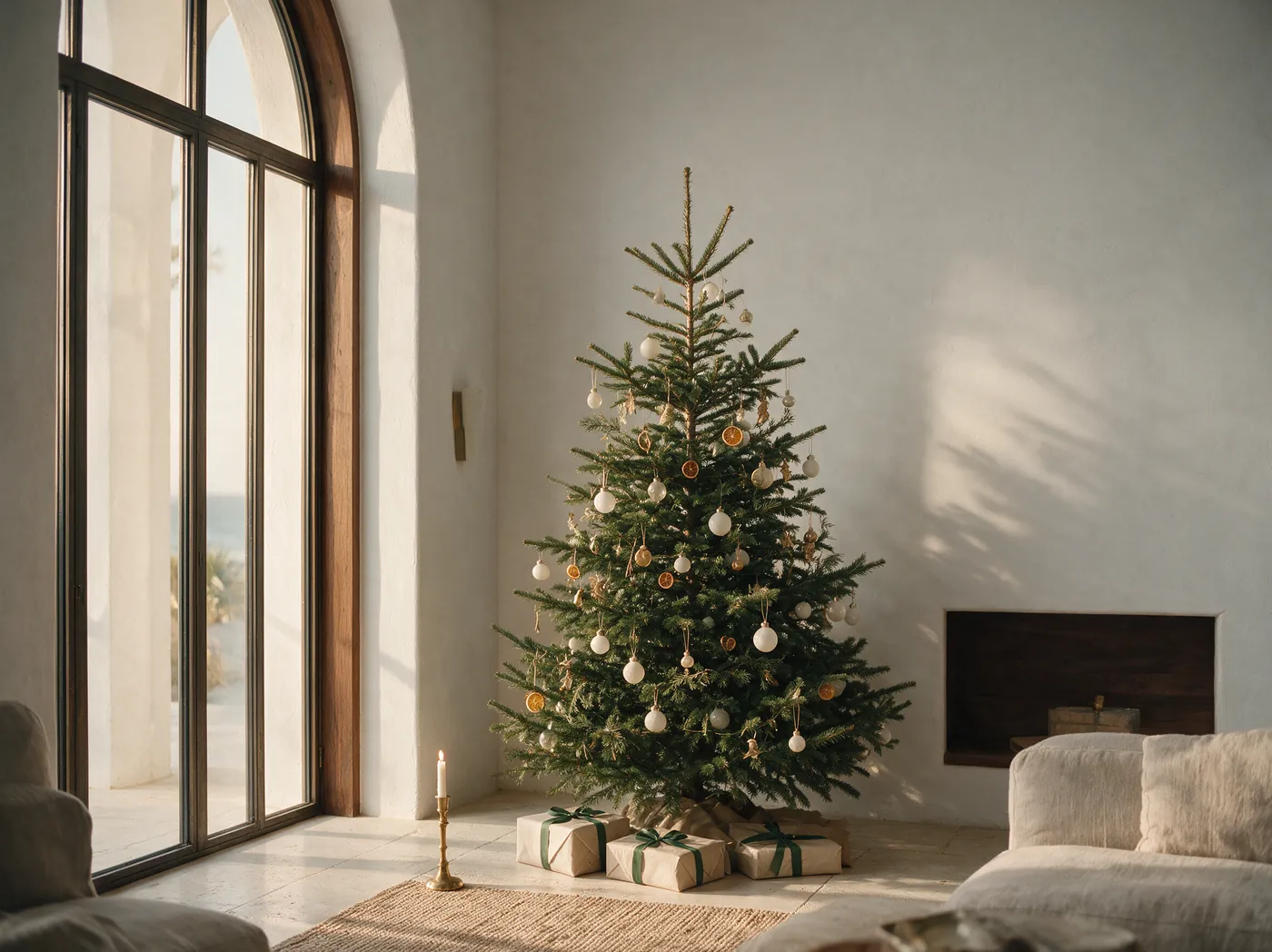 A real fir dressed in bone glass baubles, brass ornaments and dried orange, lit by low afternoon sun